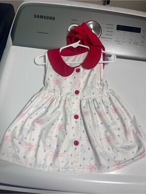 Girls White Dress with Red Peter Pan Collar and Buttons